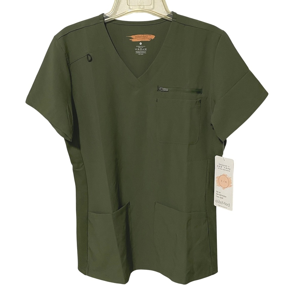 EliteMed Performance Women Olive Green V-Neck Scrub Top Medical Uniform Nurse